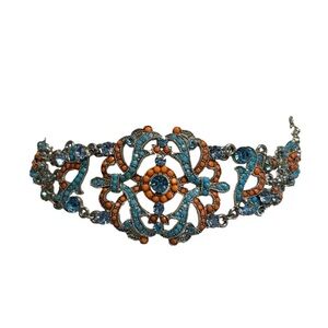 VCLM Vtg Victorian Style Blue Rhinestones Blue Coral Faux Stone Necklace Choker